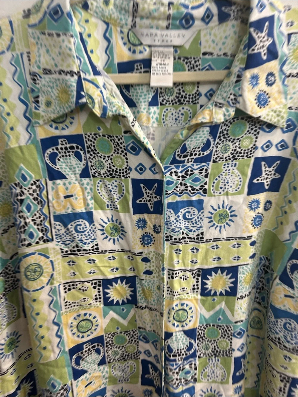 Vintage Napa valley 3/4 Sleeve Buton Up Shirt Geometric Designs Sz 3X costal